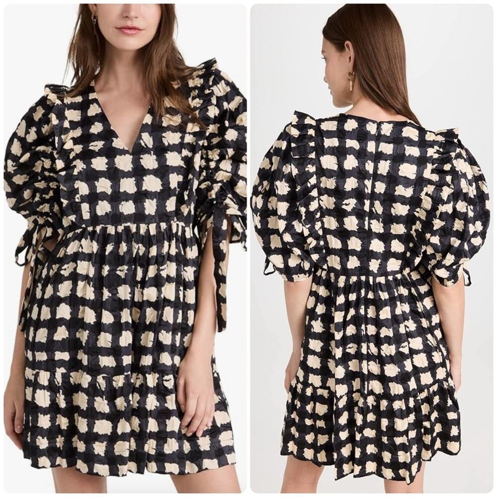 Sea NY Ginger Gingham Puff Sleeve Mini Dress in Charcoal